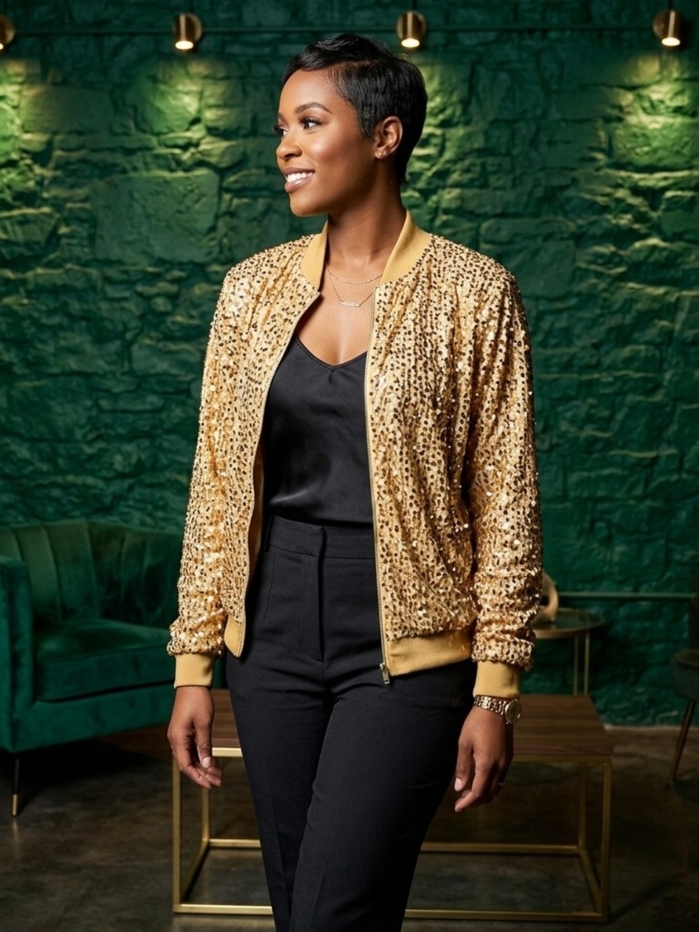Sequin Bomber Jacket in Champagne Gold